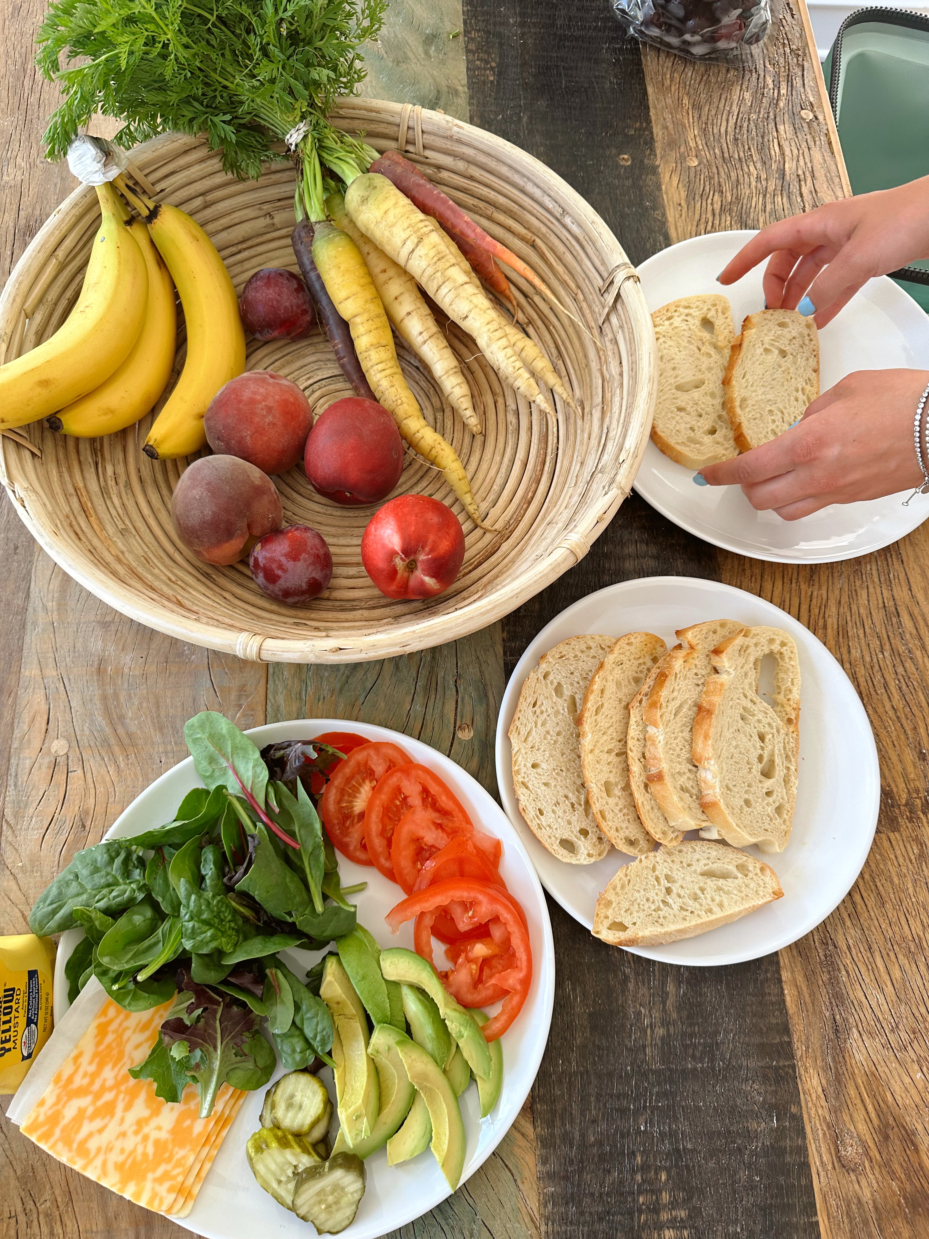 Fresh produce and bread at a market table